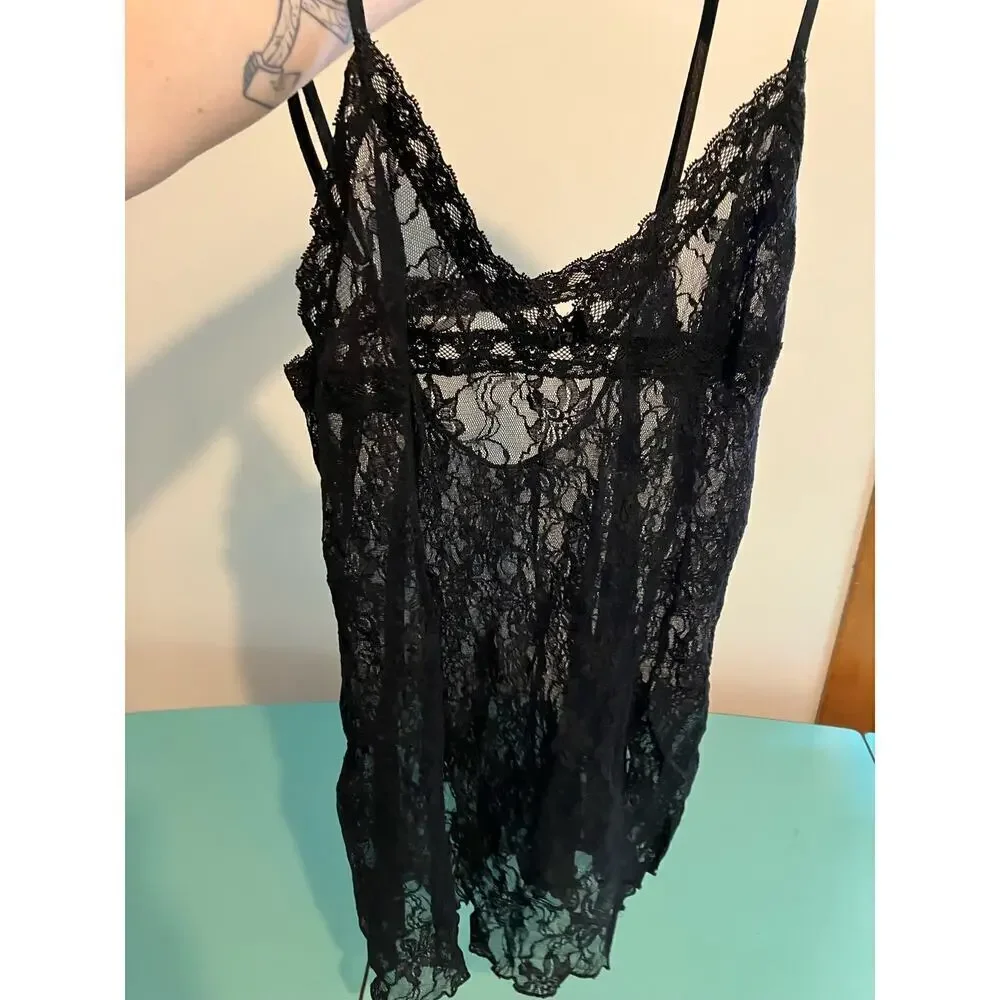 Frederick’s of Hollywood Sheer Black Lace Babydoll Slip Dress Lingerie